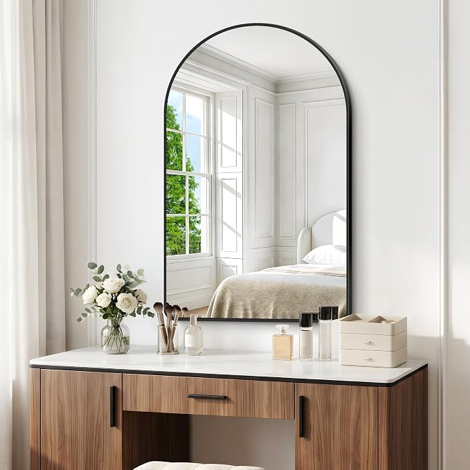 BONEWEI Arched Wall Mirror,32x48 inch Black Arched Mirror Bathroom,Large Vanity Mirror for Over Sink Metal Frame,Tempered Glass Arch Mirrors for Bedroom,Entryway,Living Room,Home Decor Shatter-Proof