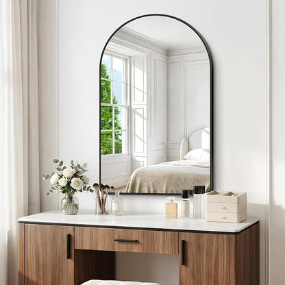 BONEWEI Arched Wall Mirror,32x48 inch Black Arched Mirror Bathroom,Large Vanity Mirror for Over Sink Metal Frame,Tempered Glass Arch Mirrors for Bedroom,Entryway,Living Room,Home Decor Shatter-Proof
