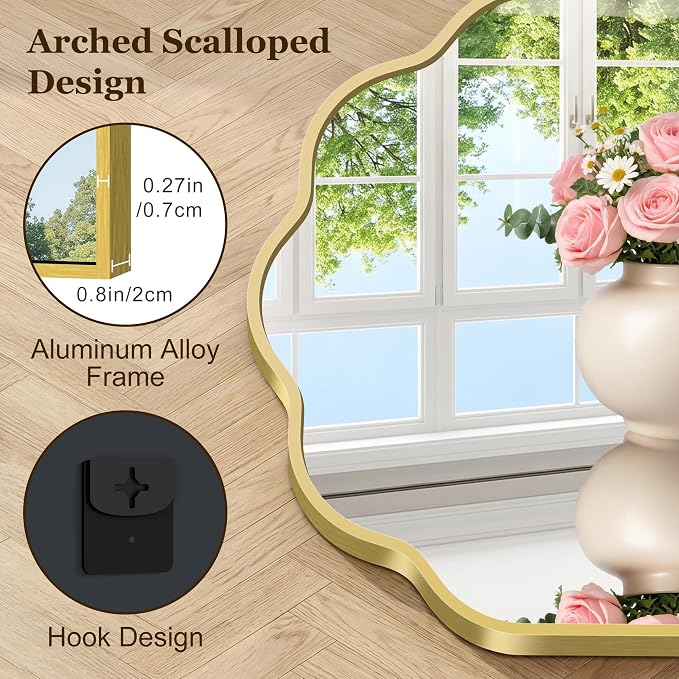 Gold Arched Mirror, 18×24Inch Scalloped Bathroom Mirror, Wavy Wall Mounted Vanity Mirror with Aluminum Alloy Frame for Livingroom Bedroom and Entryway, Tempered Glass