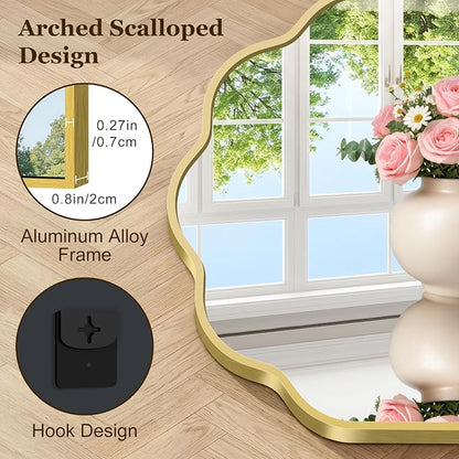 Gold Arched Mirror, 18×24Inch Scalloped Bathroom Mirror, Wavy Wall Mounted Vanity Mirror with Aluminum Alloy Frame for Livingroom Bedroom and Entryway, Tempered Glass