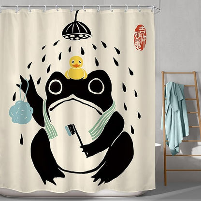 LGhtyro Funny Frog Shower Curtain Bathroom Set 60Wx71H Inches Asian Style Traditional Japanese Art Rubber Duck Cute Animal Bath Accessories Retro Black Beige Art Home Decor Fabric 12 Pack Hooks