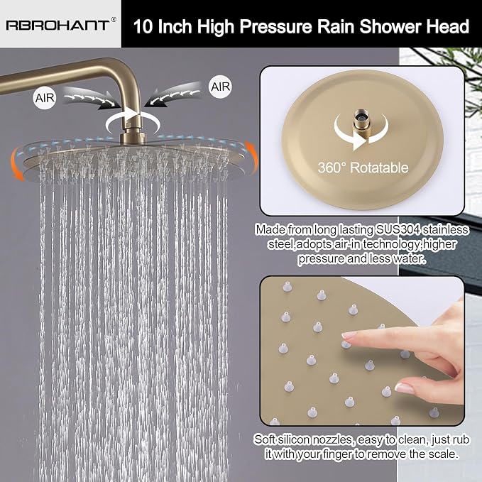 RBROHANT Outdoor Shower, Wall Mount Outdoor Shower Kit, Outside Shower Faucet with Height Adjustable Rain Shower Head and Handheld, Exposed Shower for Backyard, Wall Mounted, Brushed Gold, JK0147