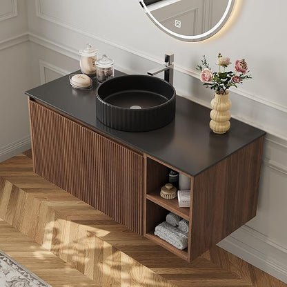 36" Modern Floating Bathroom Vanity with Single Sink - Wall Mounted Storage Bathroom Cabinet with Black Sintered Stone Countertop| Large Storage Space & Open Shelves, Dark Wood