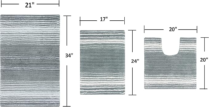 Home Weavers 100% Cotton Gradiation Collection Bathroom Décor | Washable Rug | Bathroom Mat | Kitchen Mat | Bathroom Rug Set | Bath Mat Set | Bath Floor Mat Non Slip, 3 Piece Set with Contour, Gray