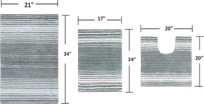 Home Weavers 100% Cotton Gradiation Collection Bathroom Décor | Washable Rug | Bathroom Mat | Kitchen Mat | Bathroom Rug Set | Bath Mat Set | Bath Floor Mat Non Slip, 3 Piece Set with Contour, Gray