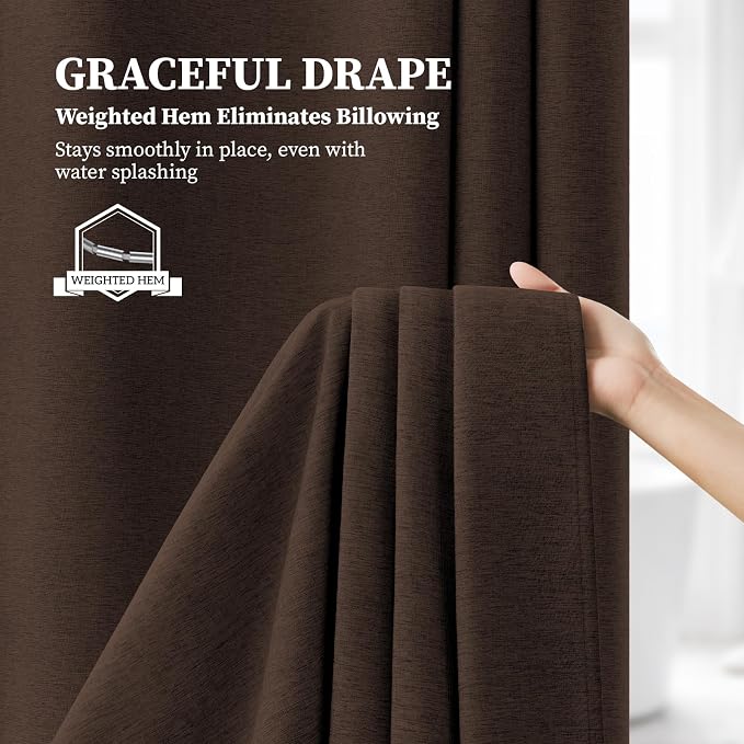 Long Linen Textured Waterproof Thick Shower Curtain Set, 72x84, Brown | Tall Size, 230GSM Polyester, Heavy Duty Cloth, Weighted Hem, 12 Plastic Hooks, Modern Luxury Hotel Style, Machine Washable