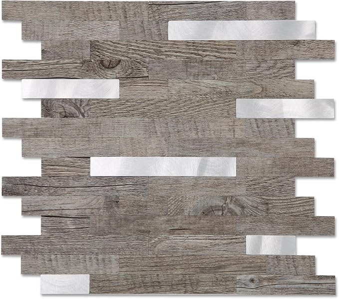 Yipscazo 10 Sheets Peel and Stick Wood Metal Tile Backsplash, Stick on Tiles for Backsplash Kitchen, Bathroom, Laundry Room, Camper, Fireplace (12'' X 12'', Light Brown Wood)