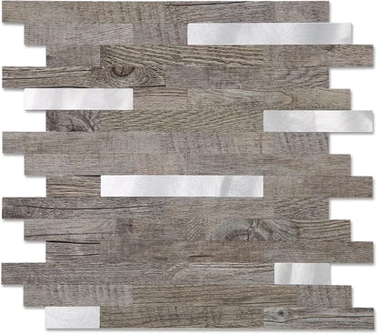 Yipscazo 10 Sheets Peel and Stick Wood Metal Tile Backsplash, Stick on Tiles for Backsplash Kitchen, Bathroom, Laundry Room, Camper, Fireplace (12'' X 12'', Light Brown Wood)