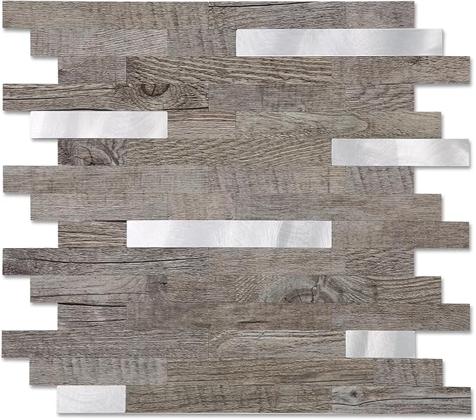 Yipscazo 5 Sheets Peel and Stick Wood Metal Tile Backsplash, Stick on Tiles for Backsplash Kitchen, Bathroom, Laundry Room, Camper, Fireplace (12'' X 12'', Light Brown Wood)
