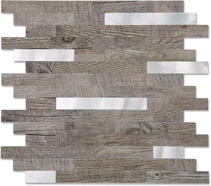 Yipscazo 5 Sheets Peel and Stick Wood Metal Tile Backsplash, Stick on Tiles for Backsplash Kitchen, Bathroom, Laundry Room, Camper, Fireplace (12'' X 12'', Light Brown Wood)