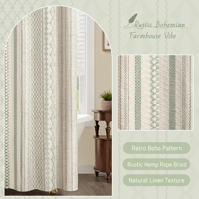 Sage Green Boho Linen Shower Curtain,72" W x 84" L | Linen Striped Print and Twine-Inspired Woven Center for Bathroom