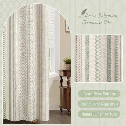 Sage Green Boho Linen Shower Curtain,72" W x 84" L | Linen Striped Print and Twine-Inspired Woven Center for Bathroom
