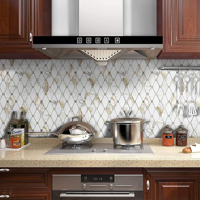 STICKGOO 10 Sheets Peel and Stick Backsplash, Calacatta Golden Stick on Aluminum Composite Tiles Stikers, Self Adhesive Mixed Metal Backsplash for Kitchen, Bathroom, Fireplace, RV