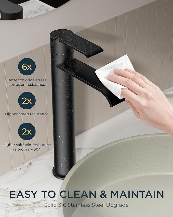 FORIOUS Black Bathroom Vessel Sink Faucet One Hole with Pop up Drain and 24 Inch CUPC Supply Hose, Waterfall Single Handle Matte Black Bathroom Faucet 1 Hole RV, Tall Basin Sink Tap