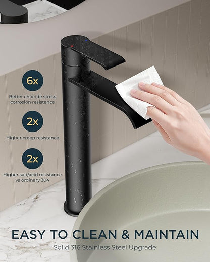 FORIOUS Black Bathroom Vessel Sink Faucet One Hole with Pop up Drain and 24 Inch CUPC Supply Hose, Waterfall Single Handle Matte Black Bathroom Faucet 1 Hole RV, Tall Basin Sink Tap
