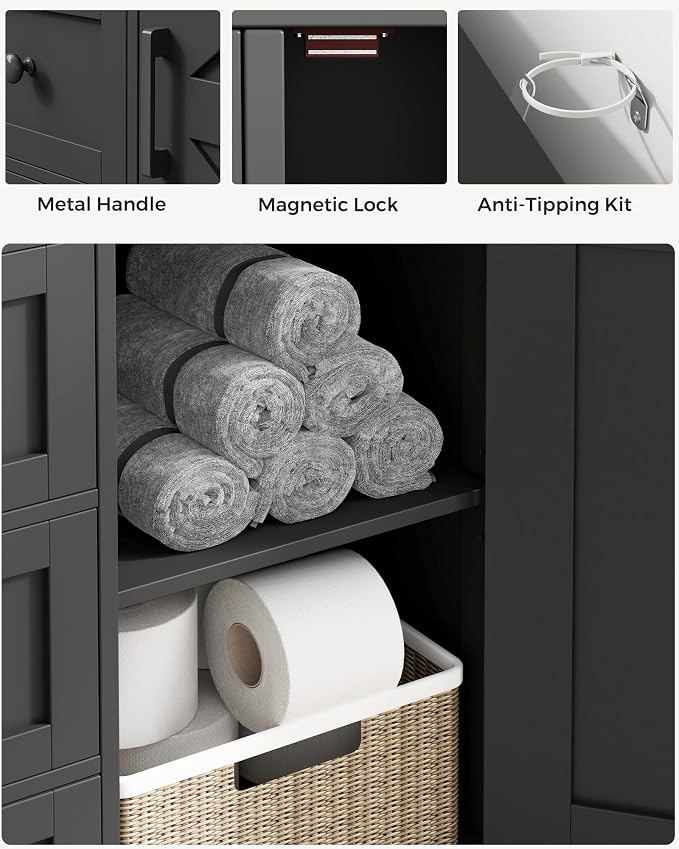 Homhedy Bathroom Storage Cabinet with 3 Drawers, Toilet Paper Cabinet | Farmhouse Freestanding Floor Cabinet with Door and Adjustable Shelf, Small Cabinet for Bathroom, Living Room, Black
