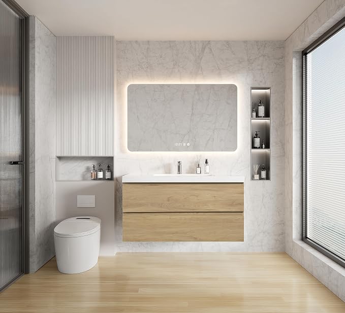 42 Inch Floating Bathroom Vanity with Sink, Wall Mounted Floating Vanity | Large Storage with 2 Soft Close Drawers, One-Piece Basin Bathroom Sink Cabinet, Natural Oak, Pre assembled