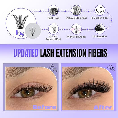 Lash Extension Kit DIY 280pcs Individual Lash Clusters Kit 9-16mm 40D Cluster Eyelash Extension Kit with Lash Bond and Seal, Lash Remover, Lash Tweezers for Self Use (40D, 9-16mm, All Kit)