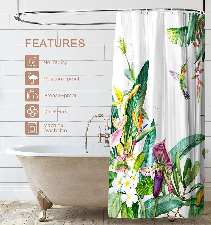 Shower Curtain Hummingbird, Spring Flowers Shower Curatin Plants Floral Waterproof Polyester Quick-Drying shower curtain Set for Bathroom 72x72 with 12 Hooks, Machine Washable barh Curtains