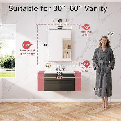 Medicine Cabinet 20x30 Inch, Aluminum Bathroom Mirror Cabinet with Storage, Recessed or Surface Mount, Black Vanity Storage Unit with 3 Anti-Tip Adjustable Acrylic Shelves, Soft Close Hinge
