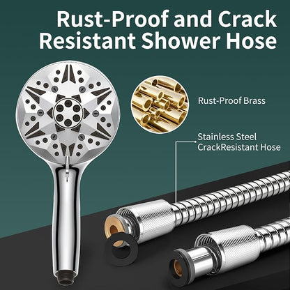 High Pressure Handheld Shower Head – 10 Spray Modes with Rain & Massage, Anti-Clog Nozzles, Power Rinse for Tile, Soap & Pets, Chrome Finish, Easy Installation