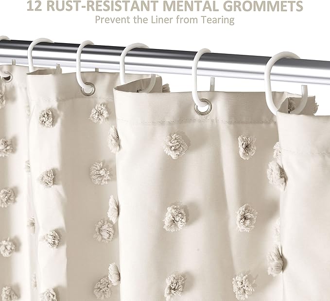 Extra Long Boho Farmhouse Shower Curtain - Woven Fabric Beige 84 Inch, 72 x 84 Tufted Pleat Floral Puffs Textured Modern Farmhouse Minimalist Shower Curtain with Hooks for Bathroom