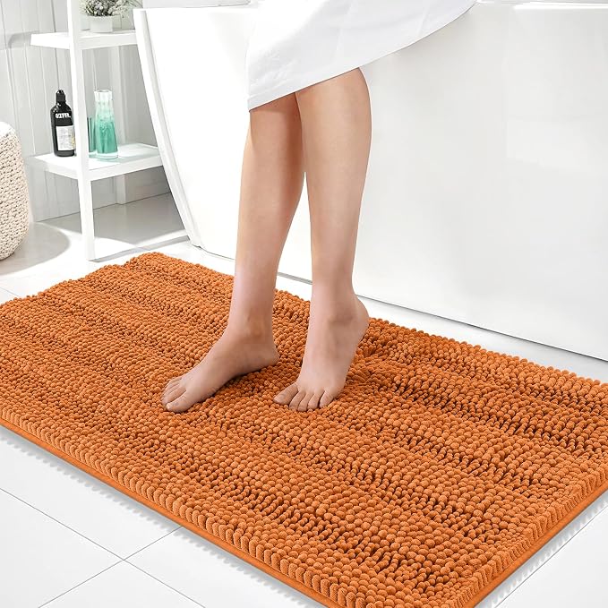 OLANLY Thick Bathroom Runner Rugs 44x24, Soft Chenille Long Bath Rugs, Clay | Absorbent Striped, Rubber Backing, Machine Wash, Bath Mats for Bathroom Floor, Tub and Shower, Home Decor Accessories