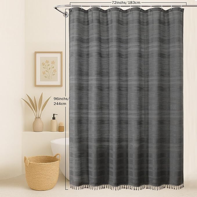 Extra Long Charcoal Grey Shower Curtain 96 Inch Long, Boho Chic Textured Soft Fabric Heavy Duty Cloth Bathroom Shower Curtain with Tassel, Tall Farmhouse Luxury Bath Decor, 72Wx96L Inches