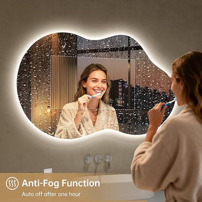 LOVESPEJO Irregular Backlit Mirror Bathroom 40x24 Inch, Asymmetrical Cloud LED Bathroom Mirror with Lights, Fogless, Dimmable, 3 Color Changing, Shatterproof