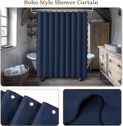 BTTN 108x72 Boho Scalloped Linen Textured Cloth Shower Curtain, Navy Blue | Extra Wide Size, 230GSM Waterproof Polyester, Heavy Duty Fabric, 18 Plastic Hooks, Modern Farmhouse Style, Machine Washable