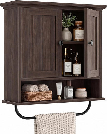 Besiost Farmhouse Bathroom Wall Medicine Cabinet with Removable Towel Bar | Over Toilet Storage Organizer, 7.9" Slim Profile, 100 Lbs Capacity, Adjustable Shelf, Soft Close Hinges Door, Black Walnut
