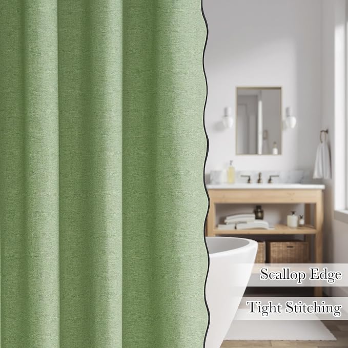 KGORGE Scalloped Green Shower Curtain with 12 Metal Hooks for Bathroom, Boho Privacy Cute Neutral Home Decor Waterproof Shower Curtains for Hotel Bathtub, Grass Green, 72 x 72 inches Long