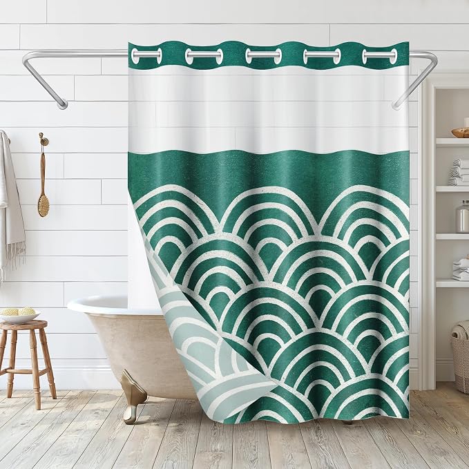 Americanflat 72x75 Hookless Shower Curtain - Water-Resistant Wave Pattern Shower Curtain with Sheer Panel, Snap-in Liner, and Durable Grommets - 100% Polyester - Teal and White