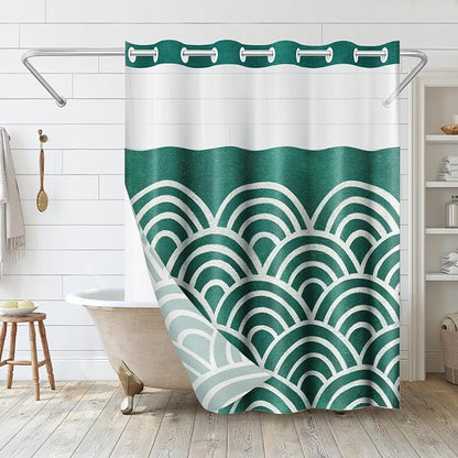 Americanflat 72x75 Hookless Shower Curtain - Water-Resistant Wave Pattern Shower Curtain with Sheer Panel, Snap-in Liner, and Durable Grommets - 100% Polyester - Teal and White