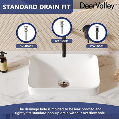 DeerValley Horizon 15.94x12.01 Inch Semi-Recessed Bathroom Vessel Sink, White Ceramic Rectangular Vanity Sink, Model DV-1V0346
