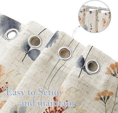 Blue Linen Watercolor Floral Fabric Shower Curtain, 72x72 | Linen Fabric, Modern Minimalist Floral Print, Machine Washable, Rustproof Grommets, for Bathroom Home