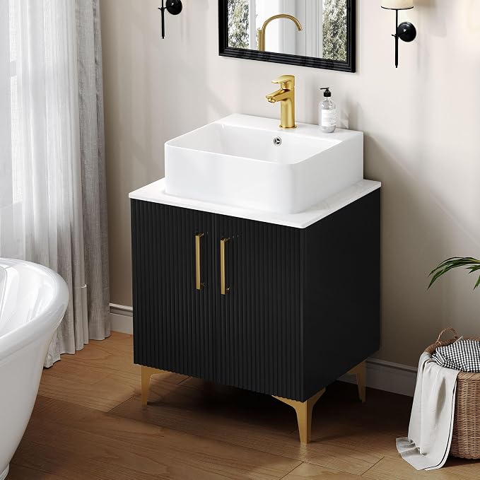 DWVO Bathroom Vanity 24 Inch with Counter Top Sink Combo | Modern Bathroom Storage Vanity Cabinet Set Included 2 Large Soft Closing Doors, Drain, Gold Handles & Legs, Black