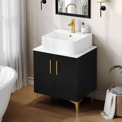 DWVO Bathroom Vanity 24 Inch with Counter Top Sink Combo | Modern Bathroom Storage Vanity Cabinet Set Included 2 Large Soft Closing Doors, Drain, Gold Handles & Legs, Black