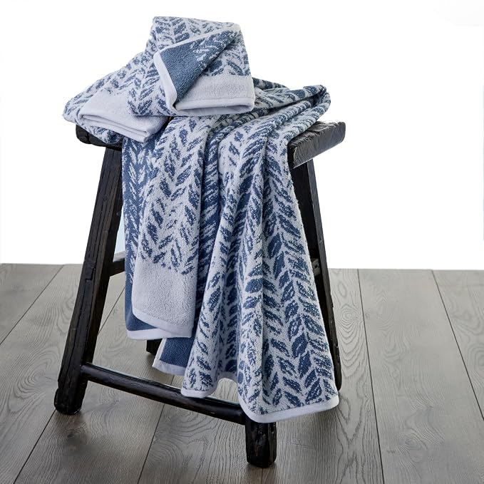 SKL Home Distressed Leaves Bath Towel Set-4pc, Turkish Cotton, Denim Blue | 2 Bath towels, 2 hand towels. 600 GSM weight. Spa-level quality. Soft & absorbent, reversible jacquard.