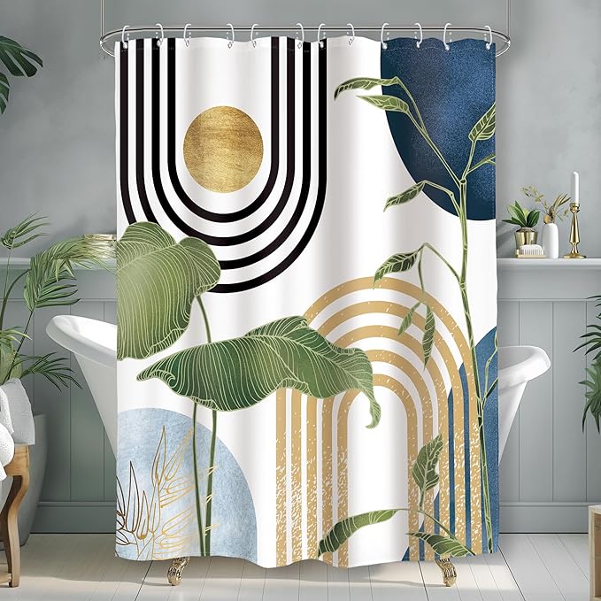 Glawry Navy Blue Boho Shower Curtain Small Stall Abstract Mid Century Light Blue Tropical Palm Sun Plant Minimalist Bathroom Modern 48Wx72L Inches Bath Accessories Art Home Decor Fabric 8 Pack Hook