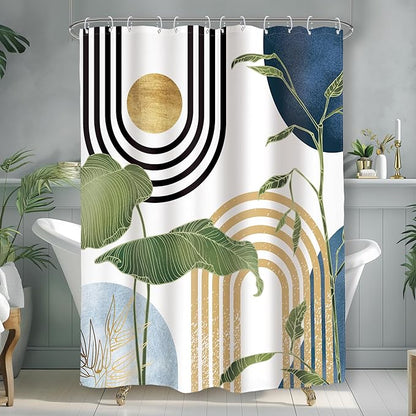 Glawry Navy Blue Boho Shower Curtain Small Stall Abstract Mid Century Light Blue Tropical Palm Sun Plant Minimalist Bathroom Modern 48Wx72L Inches Bath Accessories Art Home Decor Fabric 8 Pack Hook