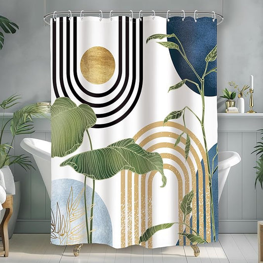 Glawry Navy Blue Boho Shower Curtain Small Stall Abstract Mid Century Light Blue Tropical Palm Sun Plant Minimalist Bathroom Modern 48Wx72L Inches Bath Accessories Art Home Decor Fabric 8 Pack Hook