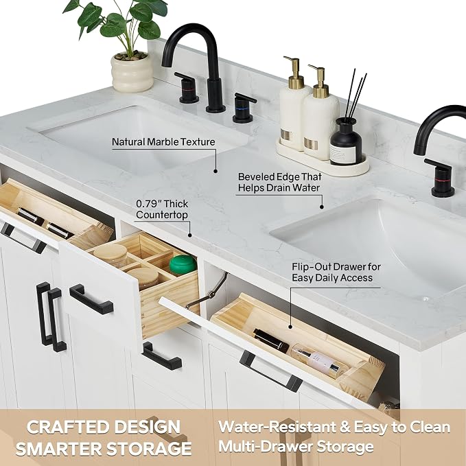 72-inch White Bathroom Vanity with 2 Sinks, Solid Wood, 0.79-inch Stone Countertop and Backsplash, 6 Drawers, 2 Soft Closing Doors