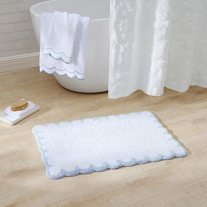 Peri Home 100% Cotton Hand Towel for Bathroom, Embroidered, Soft & Absorbent, 500 GSM, 1 Piece, 16" x 27", White with Blue Scallop | Bathroom, Embroidered, Soft & Absorbent