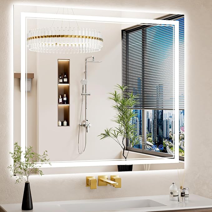 36"x40" LED Bathroom Mirror with Lights, Anti-Fog, Backlit + Front Lit, Dimmable, Led Vanity Mirror for Wall, Lighted Bathroom Mirror, 3 Colors, Shatter-Proof Tempered Glass