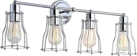 JONATHAN Y 29.5" Chrome Modern Industrial Metal Vanity Light, Bathroom Sconce for Mirror, Reversible 4-Light Wall Lamp with Metal Cage Shade for Hallway, LED Bulb Included (JYL7418A)