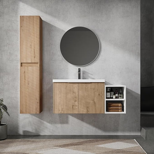 Henf 42" Floating Bathroom Vanity with Sink for Compact Space, Brown Wall Mount Bathroom Vanity Cabinet with Sink Combo, 42 Inch Bathroom Vanities Set with Open Storage Shelf & 2 Side Cabinet