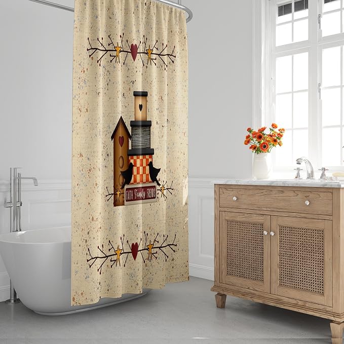 Shower Curtain, for Bathroom Decor 72 x 72 Inch, Country Primitive | Heart Pip Berry Birdhouse Waterproof Polyester Fabric Shower Curtains Set with Hooks