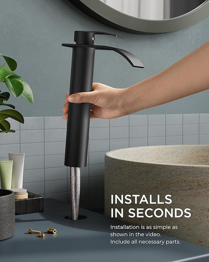 FORIOUS Waterfall Bathroom Vessel Sink Faucets with Metal Pop up Drain and Lead-Free cUPC Hose, Mate Black Single Handle Tall Bathroom Faucet 1 Hole, 11inch for Bath,Vessel