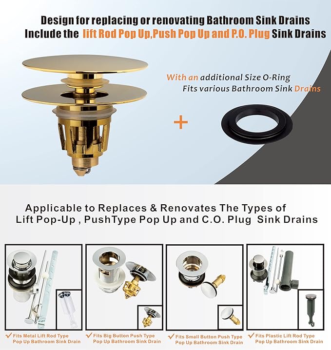 Universal Bathroom Sink Drain Stopper, Fits Most Pop-Up Drains for Vessel Sink Lavatory Vanity, Sink Drain Strainer with Detachable Hair Catcher, Tested by Plumber in US (Polished Brass)